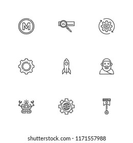 Collection of 9 engine outline icons include icons such as gear, cogwheel, rocket, metro, settings, robot, plato, automotive