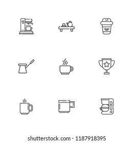 Collection of 9 espresso outline icons include icons such as coffee cup, cup, mug, coffee pot