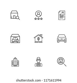 Collection of 9 estate outline icons include icons such as blueprint, rating, garage, house, agent, station wagon