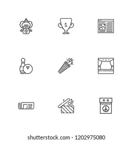 Collection of 9 event outline icons include icons such as clown, calendar, newspaper, confetti, trophy, bowling, stage, gifts
