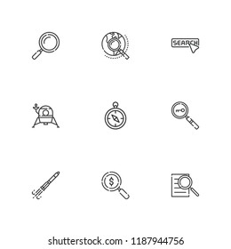 Collection of 9 exploration outline icons include icons such as loupe, search, compass, lander, rocket ship, explore