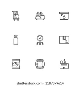 Collection of 9 export outline icons include icons such as package, box, distribution, barrel, delivery, ship