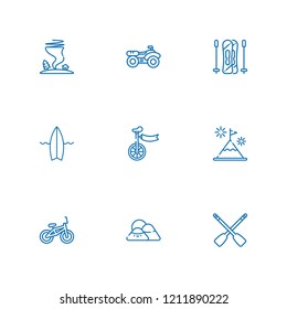 Collection of 9 extreme outline icons include icons such as bicycle, quad, rowing, skiing, mountain, tornado, unicycle