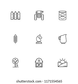 Collection of 9 farm outline icons include icons such as fruit tree, wheat, jug, farm, fence, landscape, tractor, milk