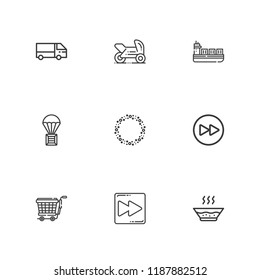 Collection of 9 fast outline icons include icons such as delivery, fast forward, truck, motorbike, asteroid, trolley, ship