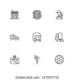 Collection of 9 field outline icons include icons such as foosball, tennis court, hockey, soccer shoe, forest, field of view, football, farm house