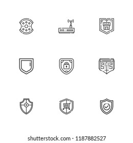 Collection of 9 firewall outline icons include icons such as shield, security