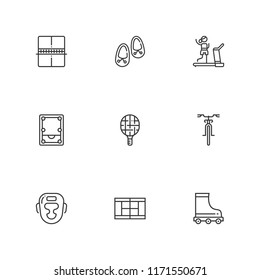 Collection of 9 fitness outline icons include icons such as gym, boxing, ping pong, pool, roller skate, tennis court, tennis racket, bike