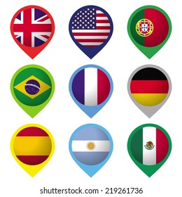 Collection of 9 flags, presented as location marks. Ai10 EPS vector illustration with global colors.