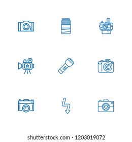 Collection of 9 flash outline icons include icons such as camera, flash, photo, photo camera, sticks