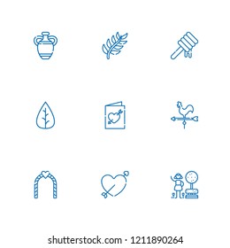 Collection of 9 flower outline icons include icons such as leaf, garden, honey, vase, weather vane, wedding invitation, wedding arch, cupid
