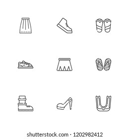 Collection of 9 footwear outline icons include icons such as shoe, gum shield, sport shoe, skirt, flip flop, flip flops, boots