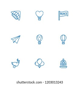 Collection of 9 freedom outline icons include icons such as dove, peace, balloons, hot air balloon, skydiving, paper plane