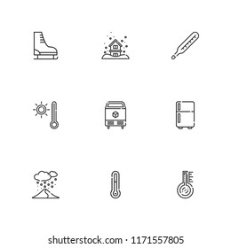 Collection of 9 freeze outline icons include icons such as thermometer, ice skate, ice, fridge