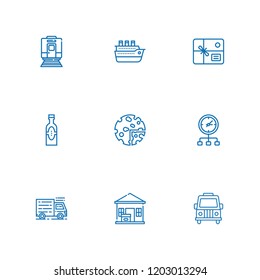 Collection of 9 freight outline icons include icons such as parcel, distribution, ship, train, package delivered, truck, products