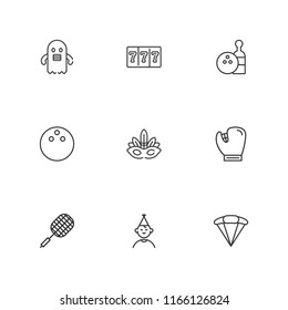 Collection of 9 fun outline icons include icons such as gambler, birthday boy, badminton, baseball glove, bowling, parachute, ghost