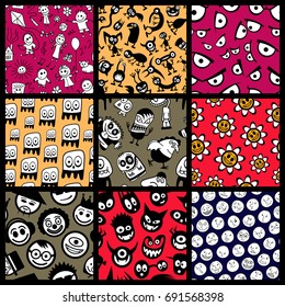 Collection of 9 funny seamless vector cartoon patterns. Pairs of eyes, flowers, monsters, faces, circles, creatures.
