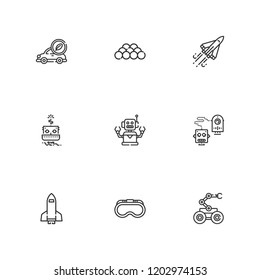 Collection of 9 future outline icons include icons such as goggles, spaceship, space shuttle, robot, ball