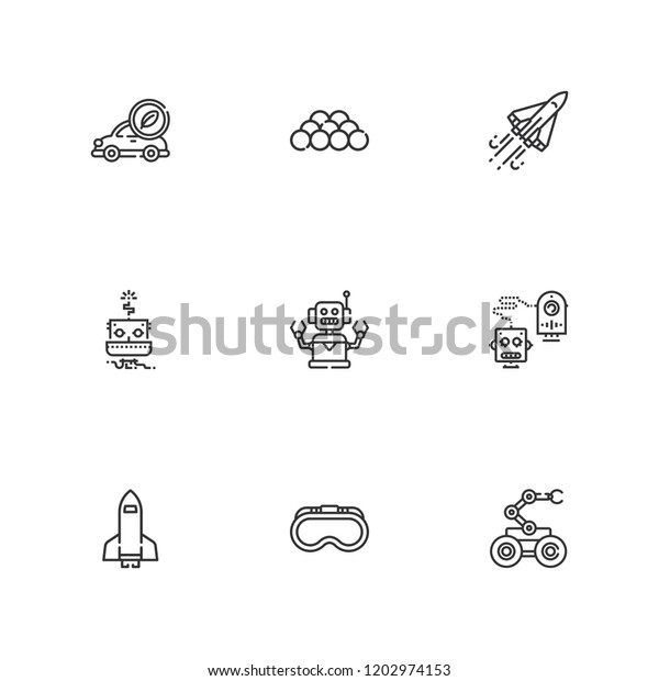 Collection of 9 future outline\
icons include icons such as goggles, spaceship, space shuttle,\
robot, ball