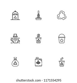 Collection of 9 garbage outline icons include icons such as recycle bin, water pollution, mop, bucket, recycling, biodiesel