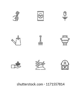 Collection of 9 garden outline icons include icons such as tulip, flower, farm, sprout, fertilizer, watering can, vase, rake