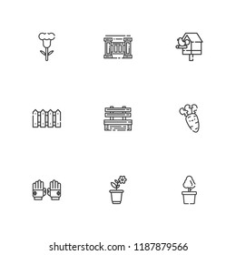 Collection of 9 garden outline icons include icons such as flower, gloves, plant, fence, birdhouse, carrot