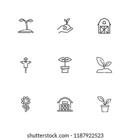 Collection of 9 gardening outline icons include icons such as plant, sprout, farm, seed, barn, scarecrow