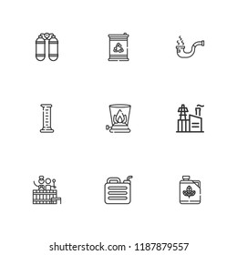 Collection of 9 gas outline icons include icons such as industry, cylinder, biodiesel, barrel, pipe, gasoline, oxygen