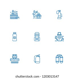 Collection of 9 gasoline outline icons include icons such as hydroelectric power station, water pollution, extinguisher, oxygen, oil, barrel, fire extinguisher, gas