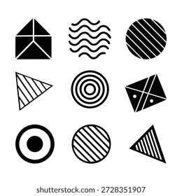 Eine Sammlung von 9 geometrischen Formen mit unterschiedlichen Mustern und Designs, einschließlich Linien, Kreisen und Dreiecken