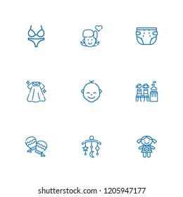 Collection of 9 girl outline icons include icons such as doll, mitten, baby crib, girl, women only, dress, bikini, diaper