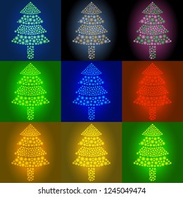 Collection of 9 glow neon backgrounds with christmas tree made from snowflakes