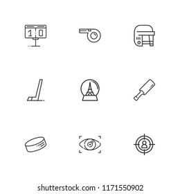 Collection of 9 goal outline icons include icons such as aim, cricket, hockey, puck, scoreboard, whistle, ball