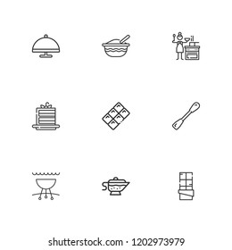 Collection of 9 gourmet outline icons include icons such as spatula, baby food, serving dish, chocolate, sauce, cake slice