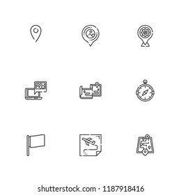 Collection of 9 gps outline icons include icons such as location pin, flag, compass, pin, route, placeholder, gps, street map