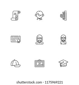 Collection of 9 graduation outline icons include icons such as educator, cap, degree, student, stationary, diploma