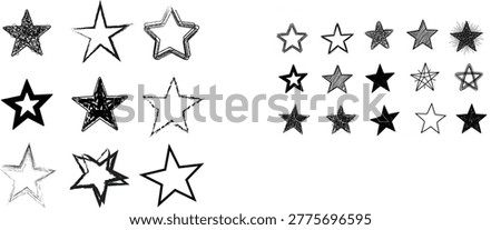 Collection of 9 grunge and outline star shapes with hand drawn