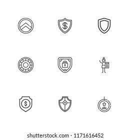 Collection of 9 guarantee outline icons include icons such as shield, protection, charcoal