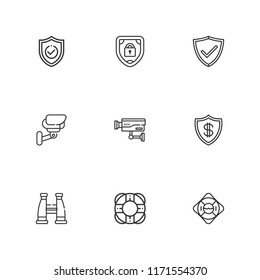 Collection of 9 guard outline icons include icons such as shield, protection, cctv, binoculars, lifesaver