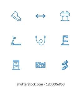 Collection of 9 gym outline icons include icons such as skipping rope, shoe, pommel horse, well, gym station, shoes, weight, treadmill