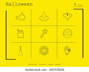 Collection of 9 halloween icons. Vector illustration in thin line style