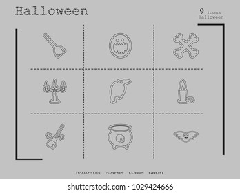 Collection of 9 halloween icons. Vector illustration in thin line style