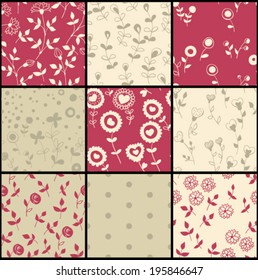 Collection of 9 hand- drawn patterns with stylized decorative flowers and leaves.
