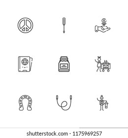 Collection of 9 hand outline icons include icons such as horseshoe, butler, screwdriver, housekeeping, skipping rope, peace, investment, passport