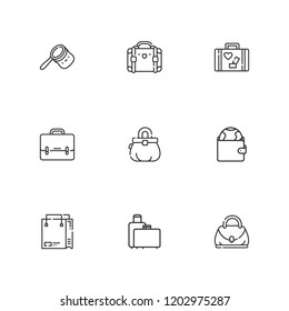 Collection of 9 handbag outline icons include icons such as suitcase, purse, suitcases, shopping bag, hand bag, luggage