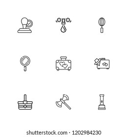 Collection of 9 handle outline icons include icons such as stamp, water tap, flashlight, suitcase, whisk, axe, basket