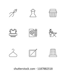 Collection of 9 hanger outline icons include icons such as clothes, ironing service, wedding dress, sewing, fashion, thimble, laundry