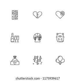 Collection of 9 happy outline icons include icons such as lottery, balloons, champagne, confetti, broken heart, heart, engagement ring, gift