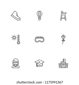 Collection of 9 high outline icons include icons such as educator, kite, shoe, goggles, hot air balloon, mortarboard, school, baby chair