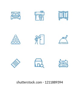 Collection of 9 hotel outline icons include icons such as room service, house, bed, room divider, pool, dinner